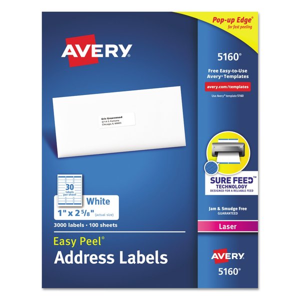 Avery Easy Peel White Address Labels w/ Sure Feed Technology, Laser Printers, 1 x 2.63, White, 3000PK 05160